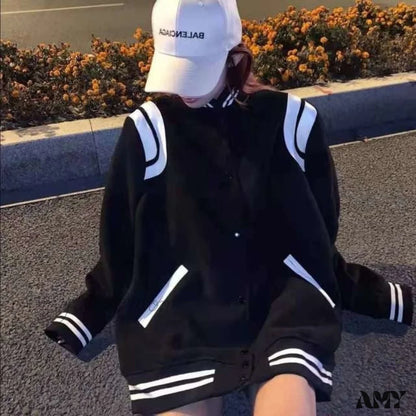 Amy Fashion - Letter Print Baseball Jacket Black / S