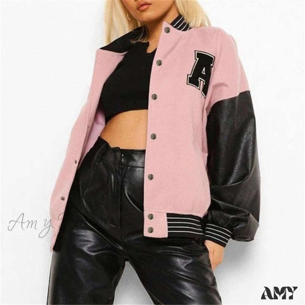 Amy Fashion - Letter Print Baseball Jacket Pink A / S