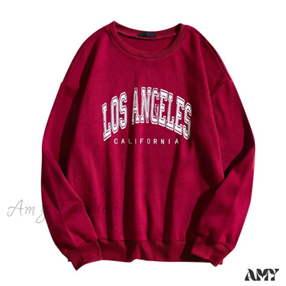 Amy Fashion - Letter Print O Neck Long-Sleeve Hoody Pullover Wine Red / S