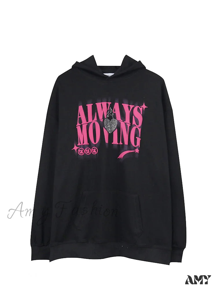 Amy Fashion - Letter Print Oversize Streetwear Hoody Pullover Black / S