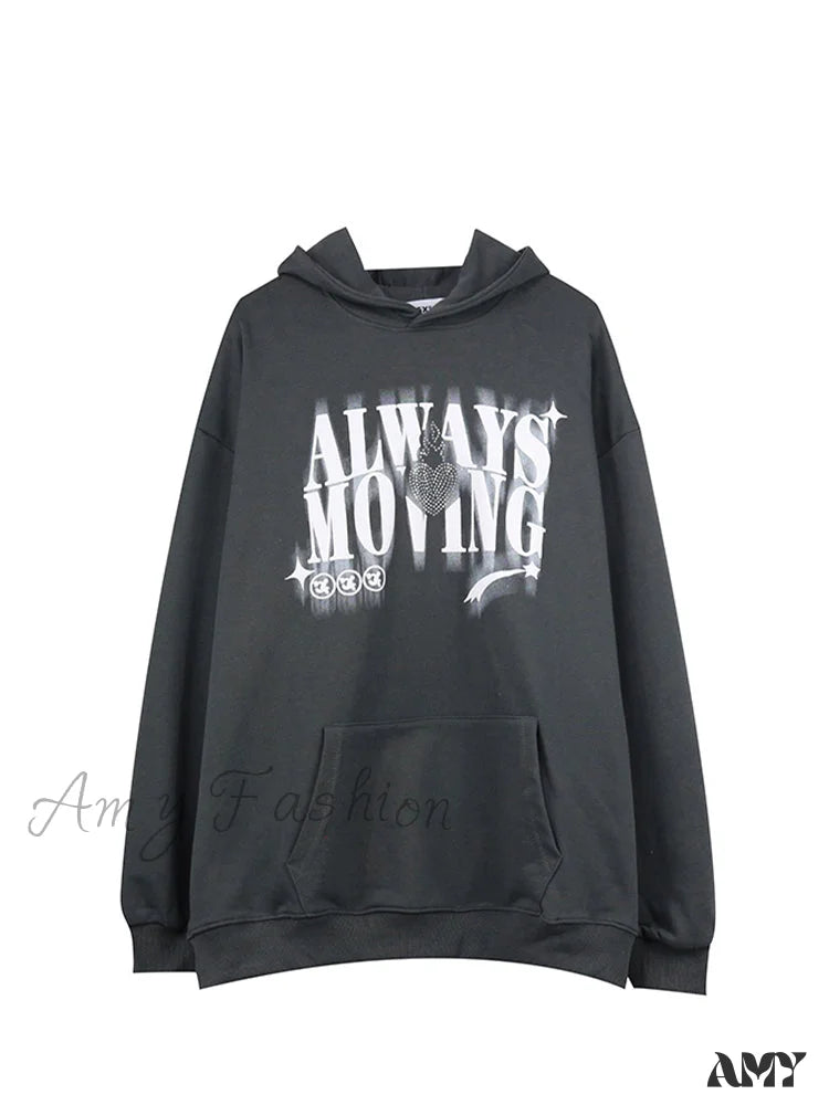 Amy Fashion - Letter Print Oversize Streetwear Hoody Pullover Dark Gray / S