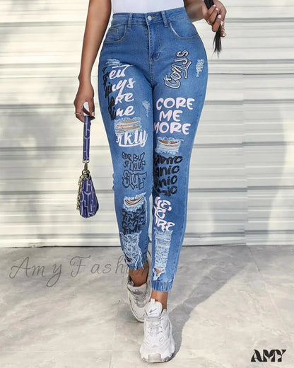 Amy Fashion - Letter Print Ripped New Casual Denim Jean