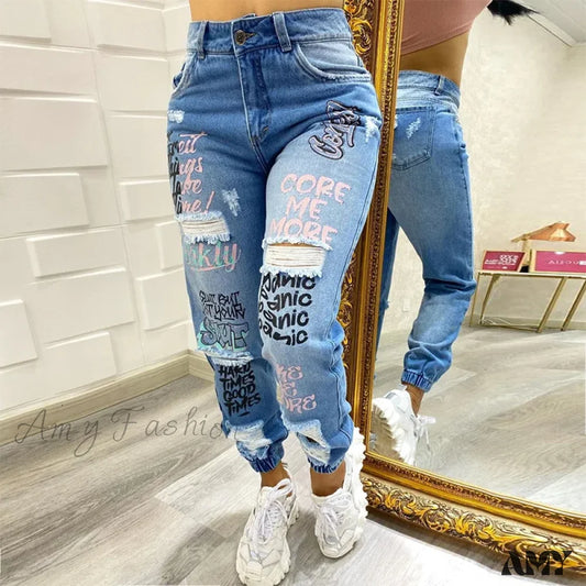 Amy Fashion - Letter Print Ripped New Casual Denim Jean Blue / S