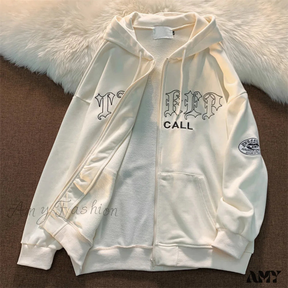 Amy Fashion - Letter Print Vintage Zip Up Oversize Jacket