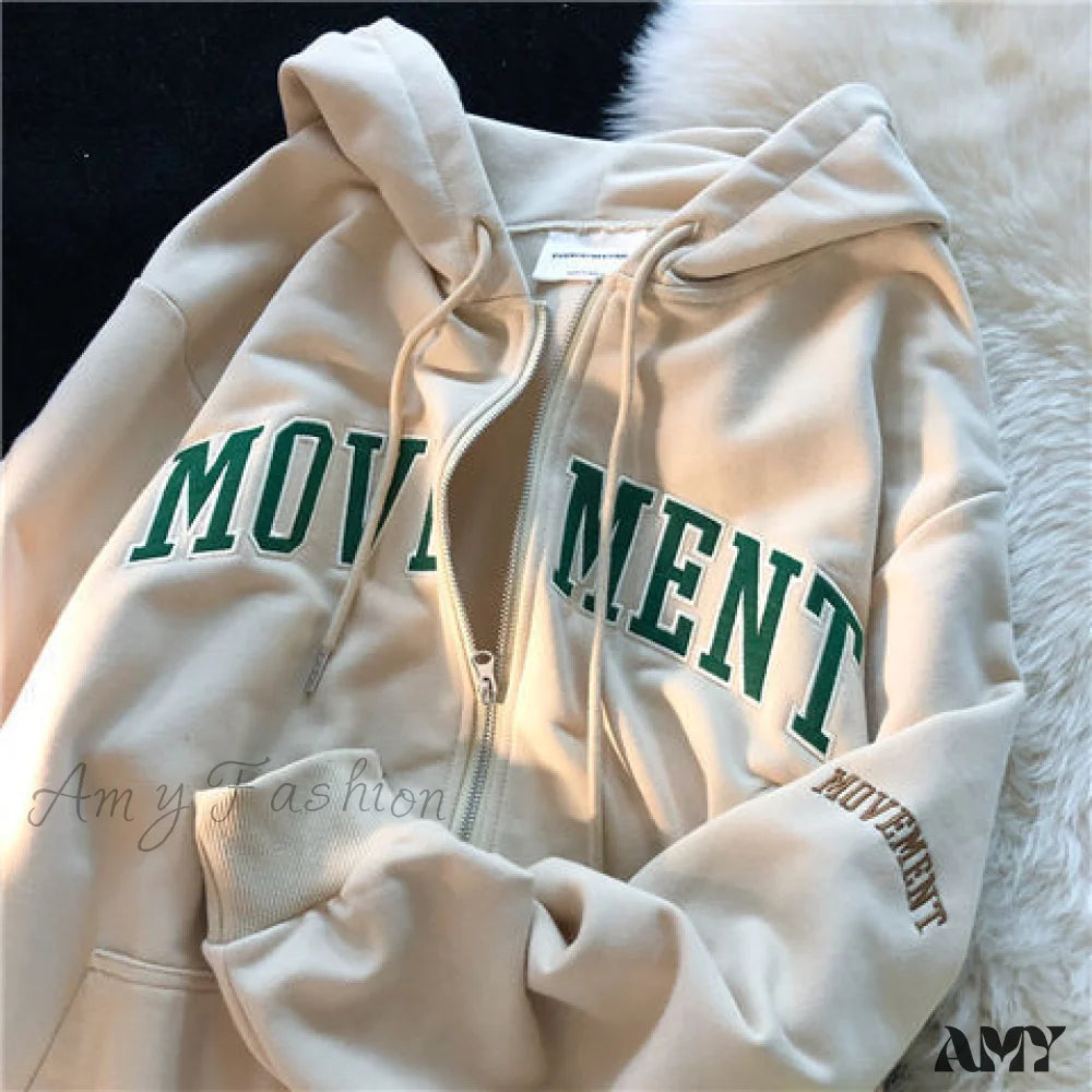 Amy Fashion - Letter Print Vintage Zip Up Oversize Jacket Apricot 2 / S