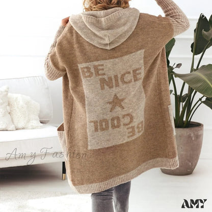 Amy Fashion - Letter Print Winter Warm Jacket Colorblock Hooded Cardigan 01 Khaki / S