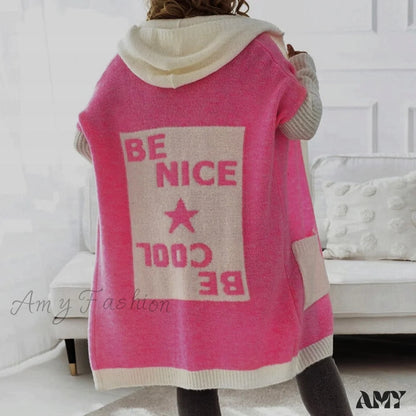 Amy Fashion - Letter Print Winter Warm Jacket Colorblock Hooded Cardigan 03 Pink / S