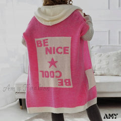 Amy Fashion - Letter Print Winter Warm Jacket Colorblock Hooded Cardigan 03 Pink / S