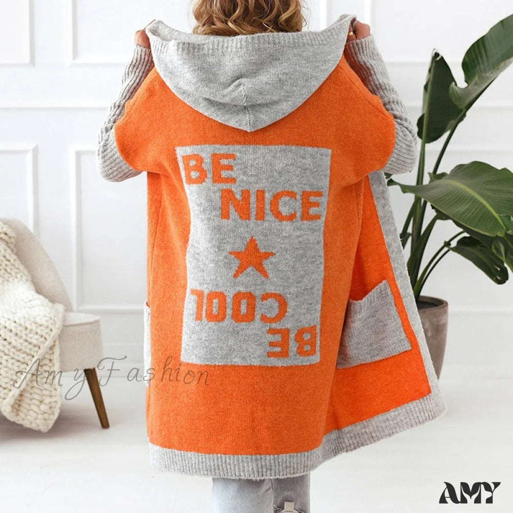 Amy Fashion - Letter Print Winter Warm Jacket Colorblock Hooded Cardigan 04 Orange / S