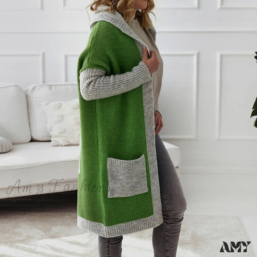 Amy Fashion - Letter Print Winter Warm Jacket Colorblock Hooded Cardigan 06 Green / S