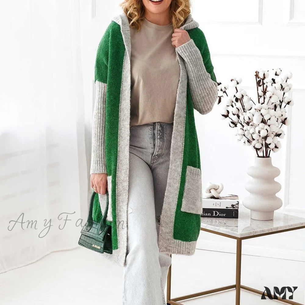 Amy Fashion - Letter Print Winter Warm Jacket Colorblock Hooded Cardigan 07 Green / S