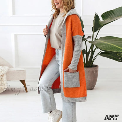 Amy Fashion - Letter Print Winter Warm Jacket Colorblock Hooded Cardigan