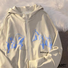 Amy Fashion - Letter Print Zip Up Hoodies Beige / Xs