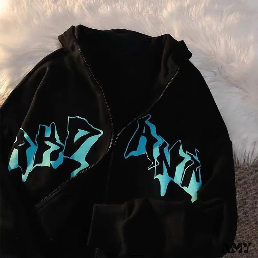 Amy Fashion - Letter Print Zip Up Hoodies Black / Xs