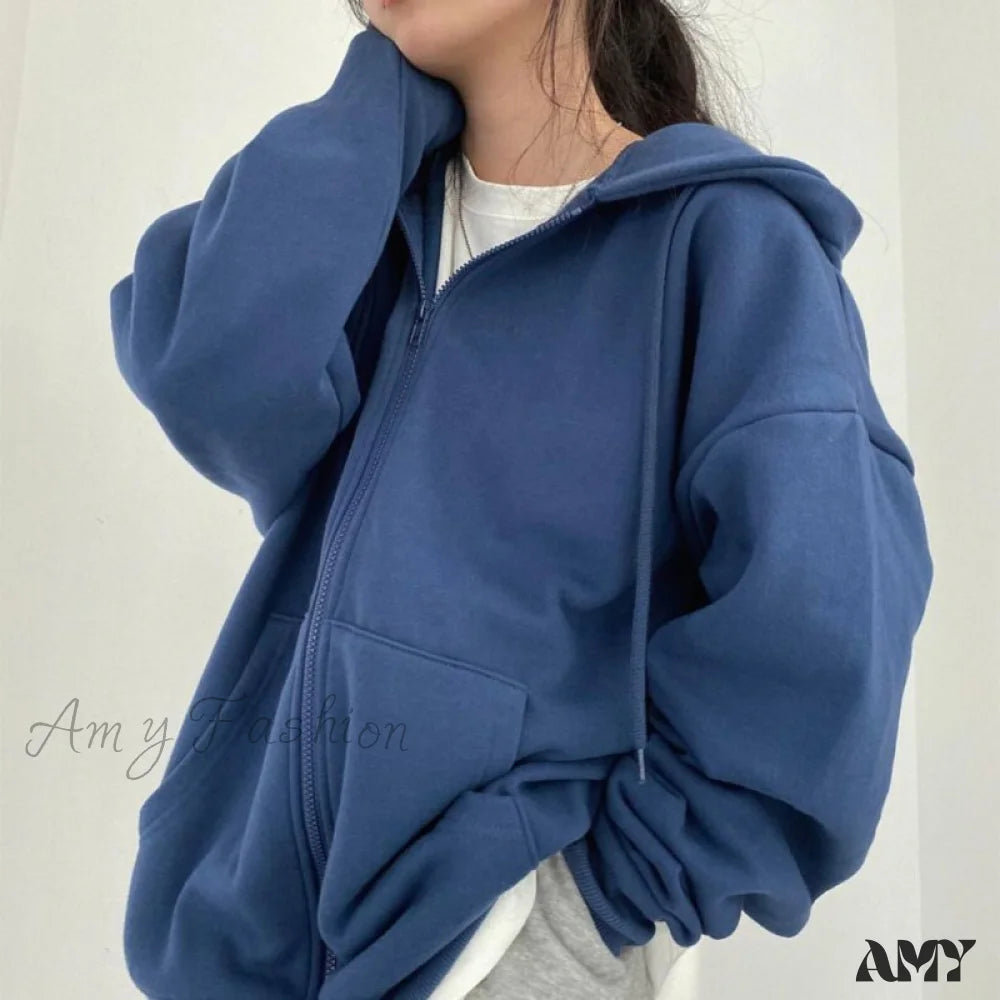 Amy Fashion - Letter Print Zip Up Hoodies Blue / Xs