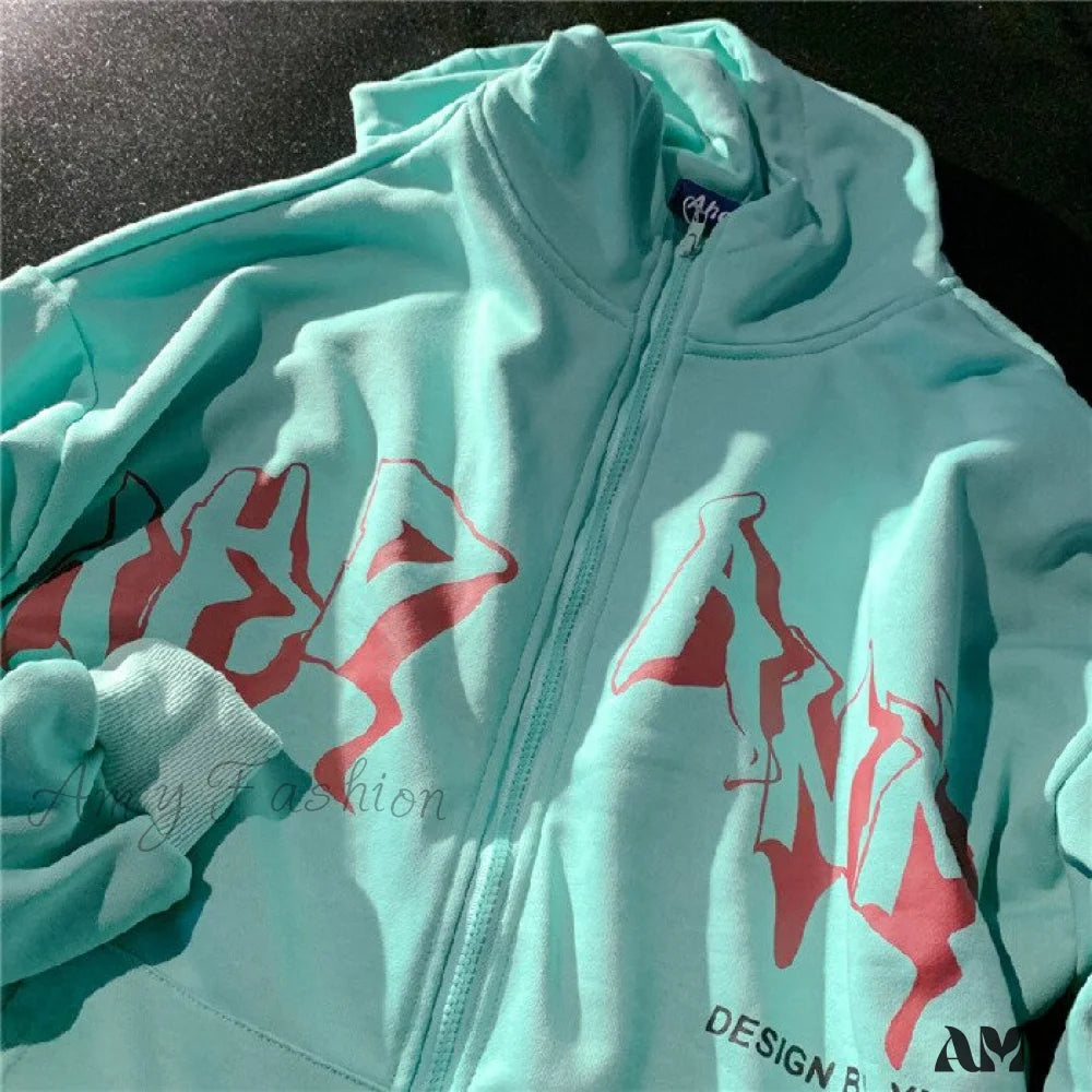 Amy Fashion - Letter Print Zip Up Hoodies Green / Xs