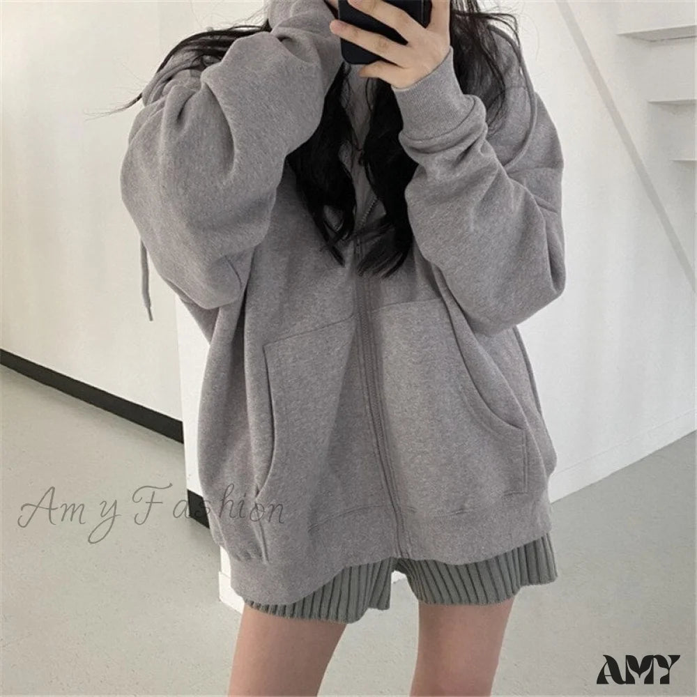 Amy Fashion - Letter Print Zip Up Hoodies Grey / Xs