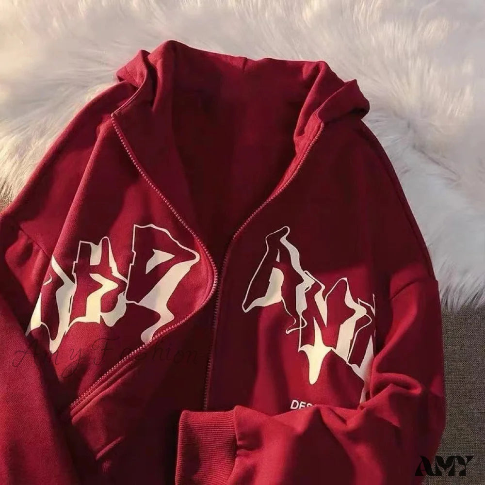 Amy Fashion - Letter Print Zip Up Hoodies Red / Xs