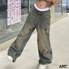 Amy Fashion - Letter Straight Wide Leg Denim Low Waist Vintage 2024 Oversized Hip Hop Harajuku