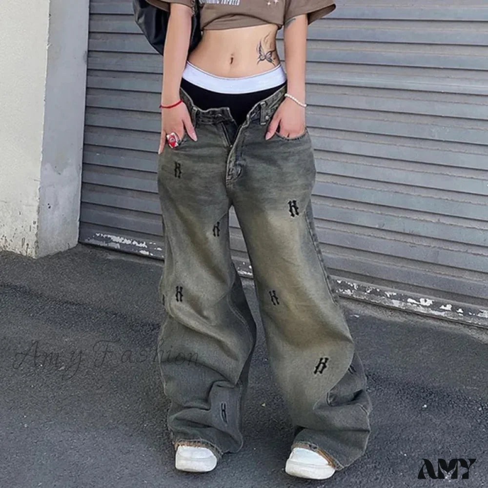 Amy Fashion - Letter Straight Wide Leg Denim Low Waist Vintage 2024 Oversized Hip Hop Harajuku