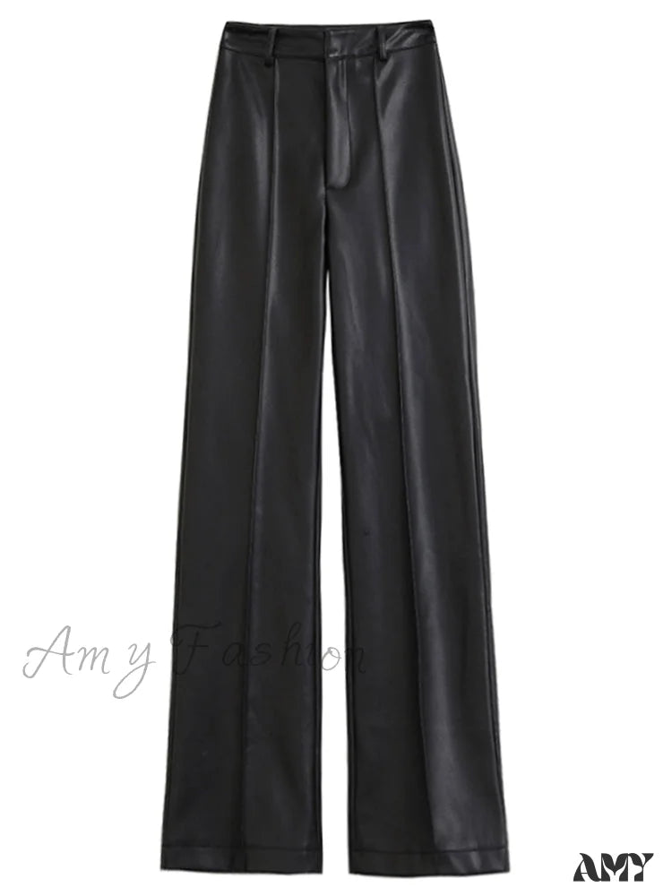 Amy Fashion - Long Black Soft Pu Leather Pants