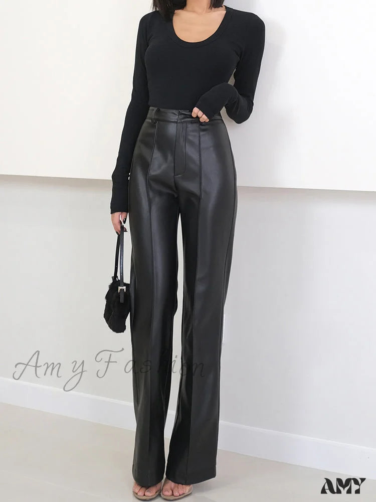 Amy Fashion - Long Black Soft Pu Leather Pants / Xs