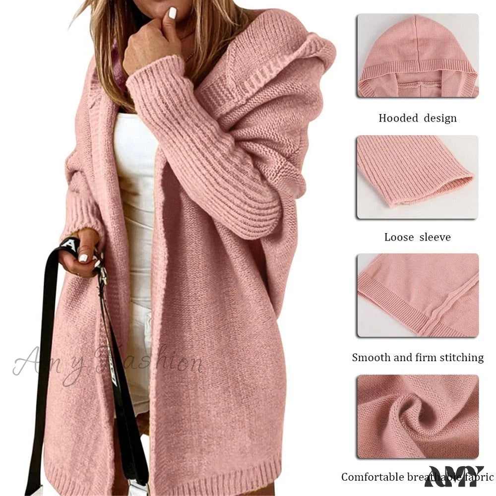 Amy Fashion - Long Hooded Cardigan Women Solid Color Braid Knit Overcoat