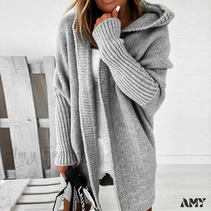 Amy Fashion - Long Hooded Cardigan Women Solid Color Braid Knit Overcoat