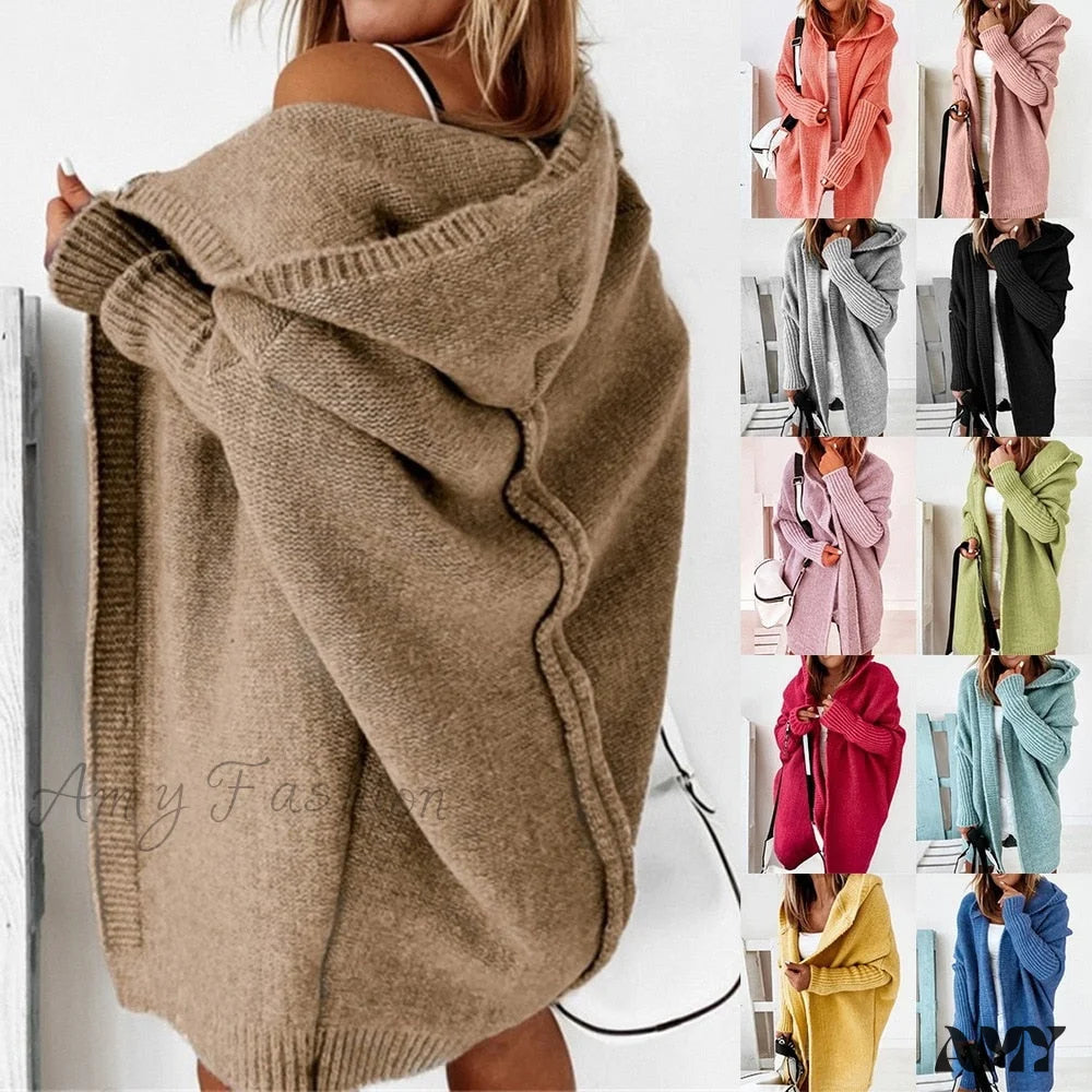 Amy Fashion - Long Hooded Cardigan Women Solid Color Braid Knit Overcoat
