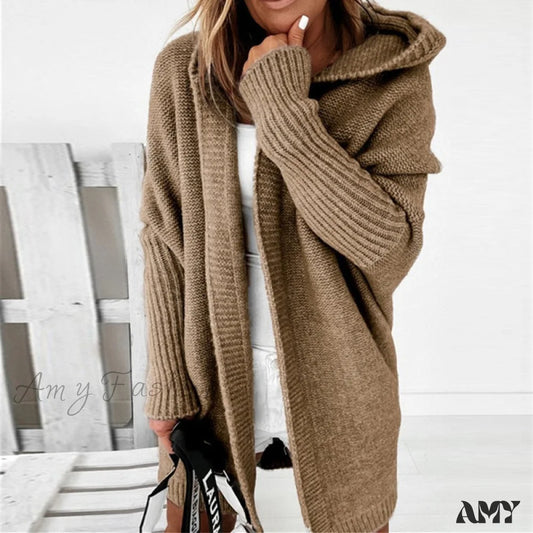 Amy Fashion - Long Hooded Cardigan Women Solid Color Braid Knit Overcoat