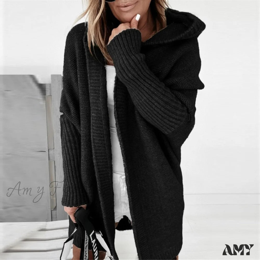 Amy Fashion - Long Hooded Cardigan Women Solid Color Braid Knit Overcoat Black / S