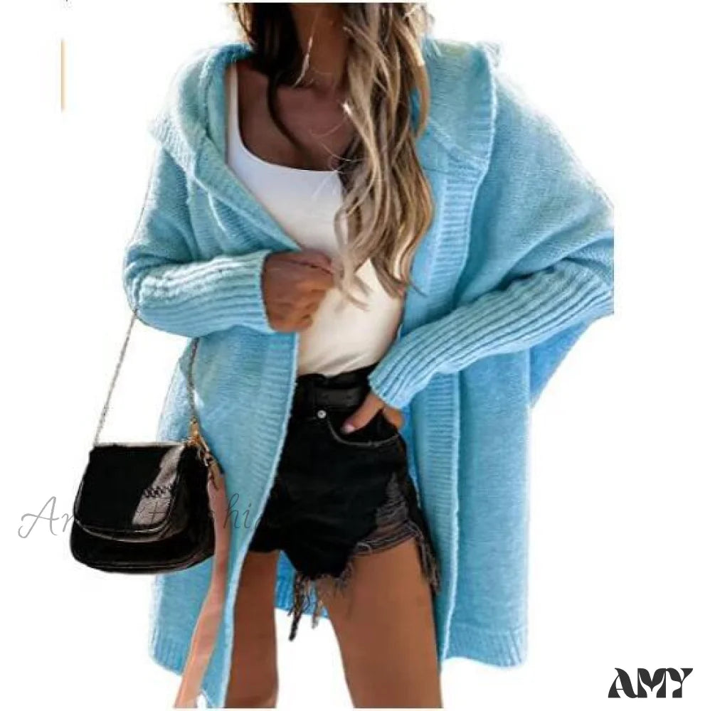 Amy Fashion - Long Hooded Cardigan Women Solid Color Braid Knit Overcoat Blue / S