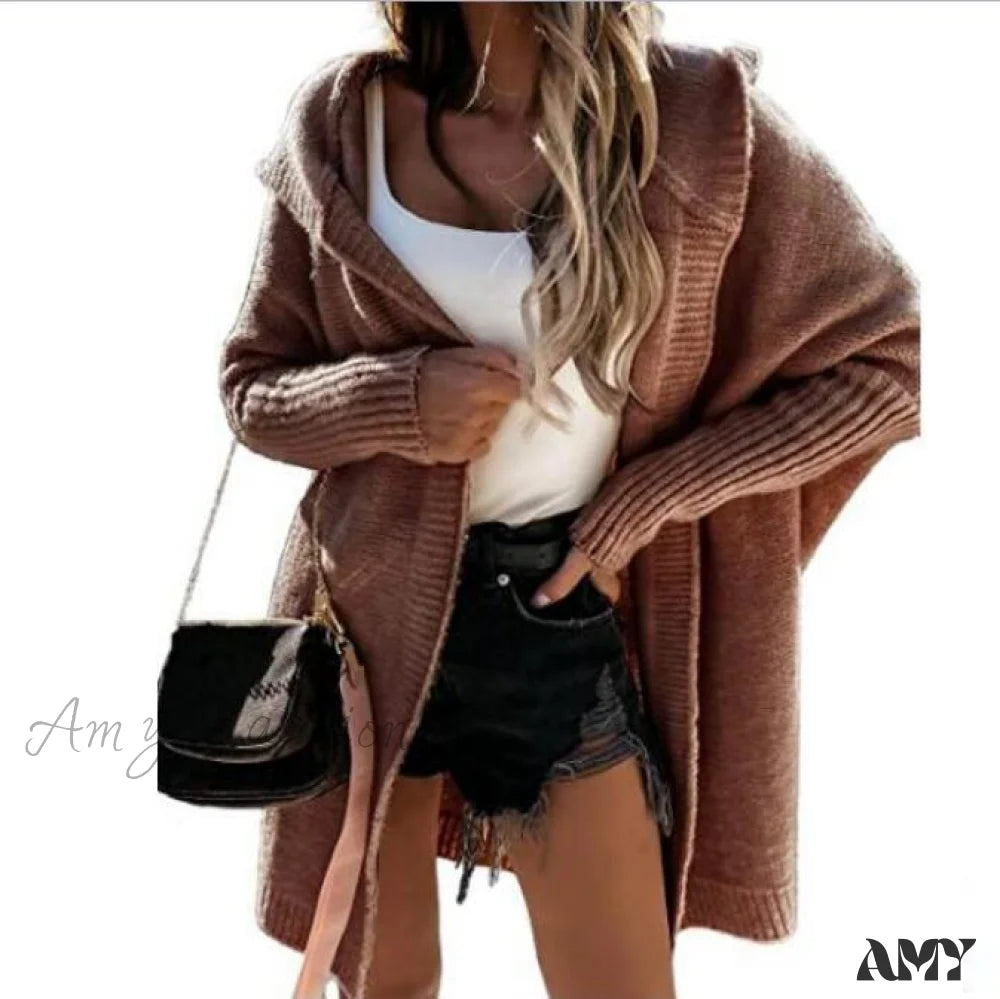 Amy Fashion - Long Hooded Cardigan Women Solid Color Braid Knit Overcoat Brown / S