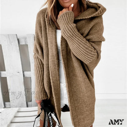 Amy Fashion - Long Hooded Cardigan Women Solid Color Braid Knit Overcoat Khaki / S