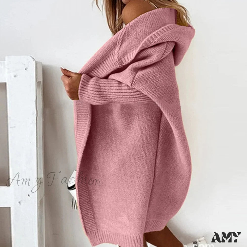 Amy Fashion - Long Hooded Cardigan Women Solid Color Braid Knit Overcoat Pink / S