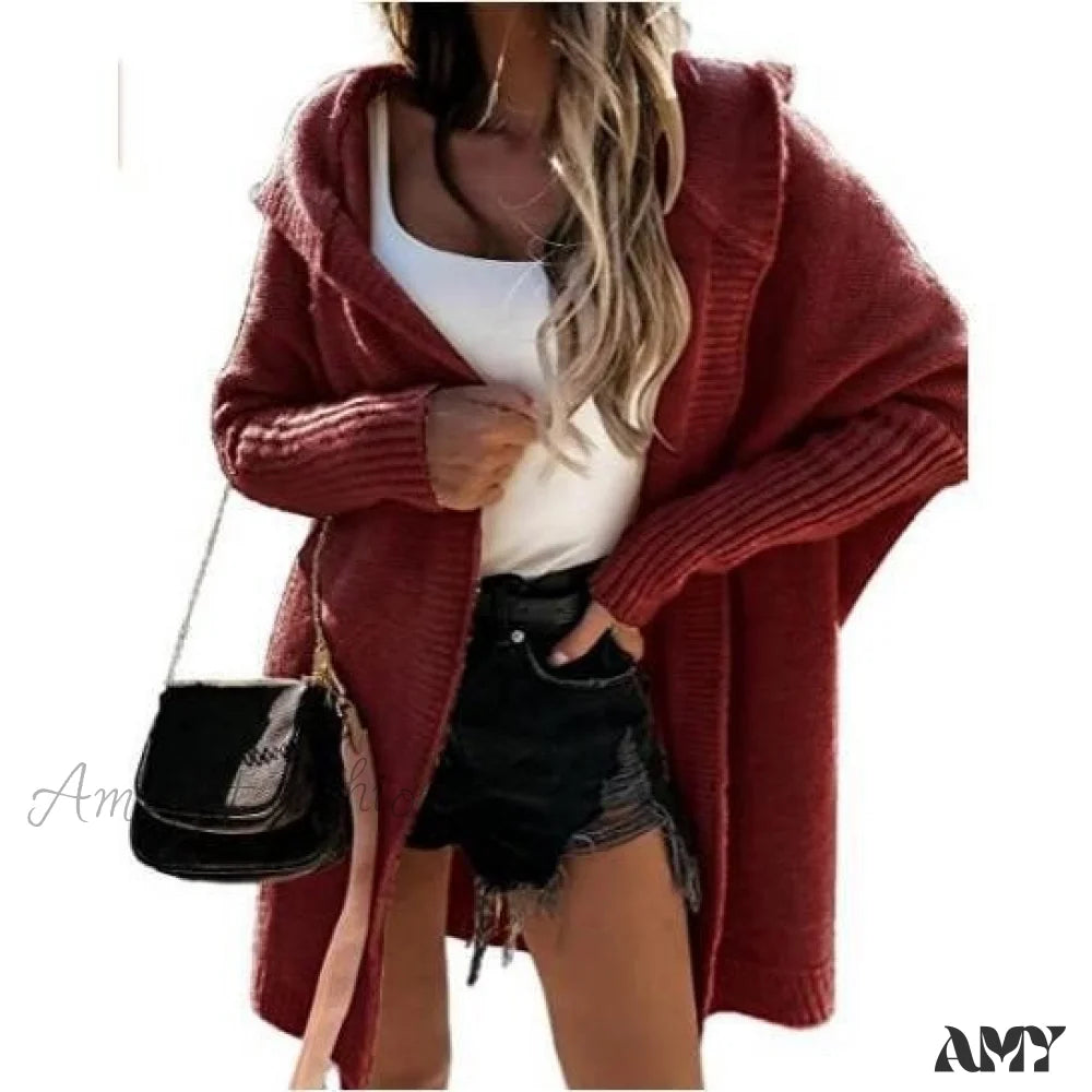 Amy Fashion - Long Hooded Cardigan Women Solid Color Braid Knit Overcoat Wine Red / S