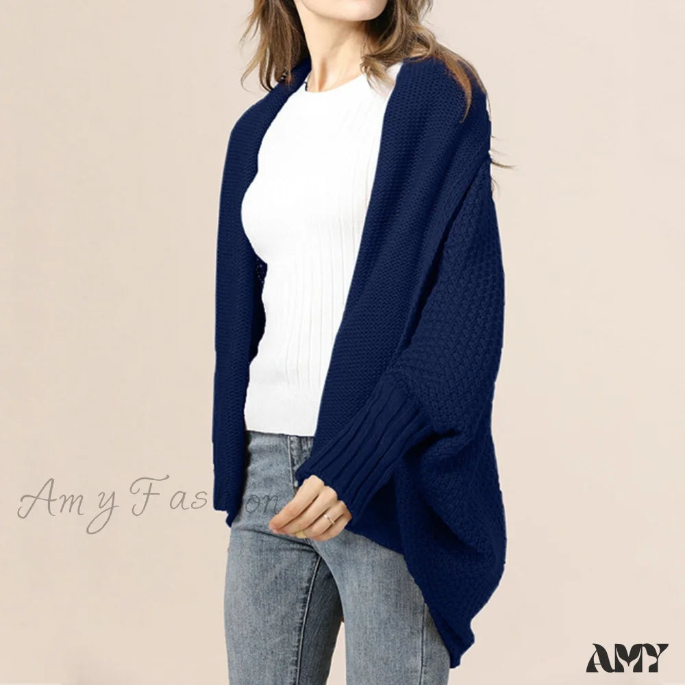 Amy Fashion - Long Knit Pocket Coat Female Casual Bat Sleeve Cardigan