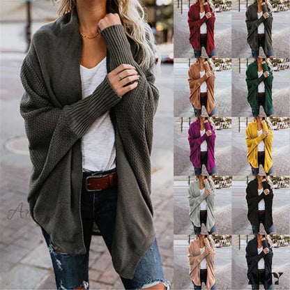 Amy Fashion - Long Knit Pocket Coat Female Casual Bat Sleeve Cardigan