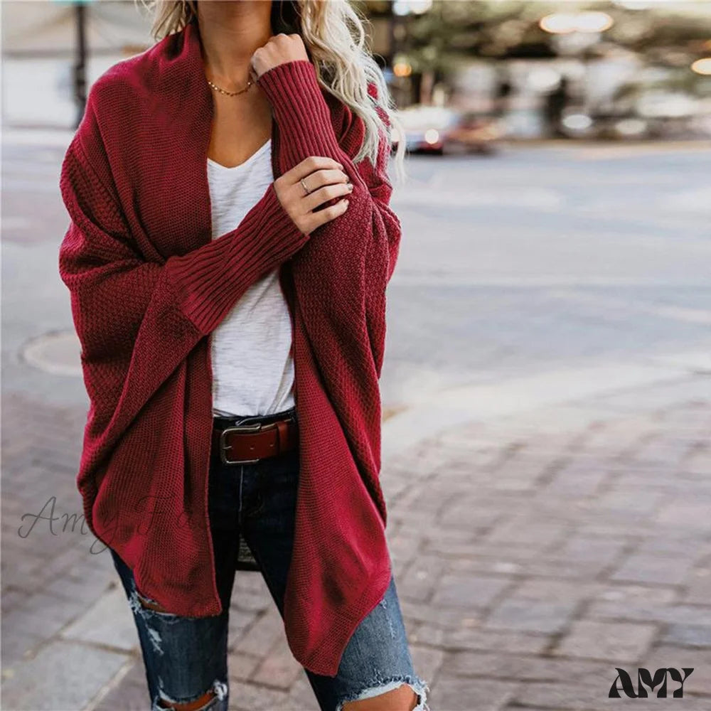 Amy Fashion - Long Knit Pocket Coat Female Casual Bat Sleeve Cardigan