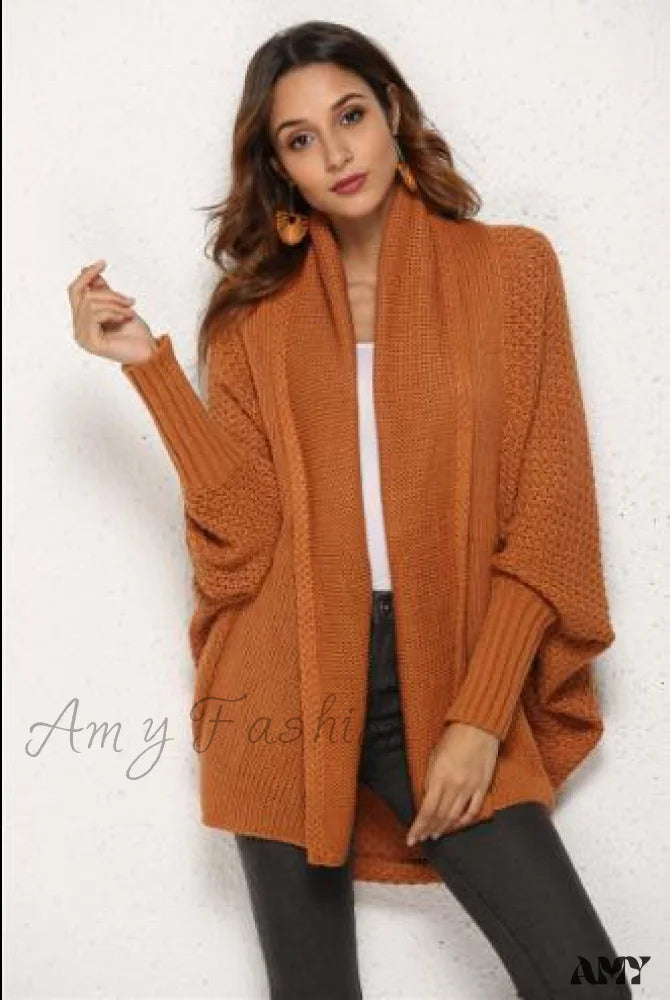 Amy Fashion - Long Knit Pocket Coat Female Casual Bat Sleeve Cardigan Auburn / S