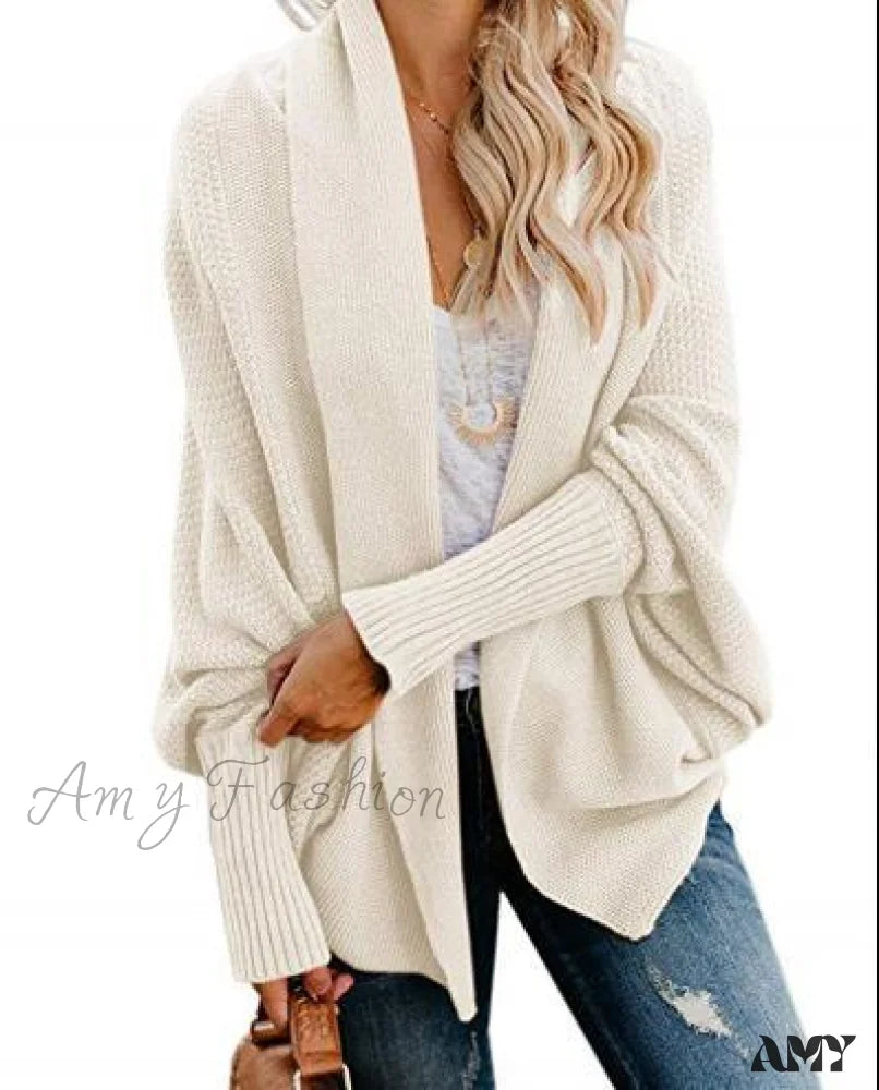 Amy Fashion - Long Knit Pocket Coat Female Casual Bat Sleeve Cardigan Beige / S