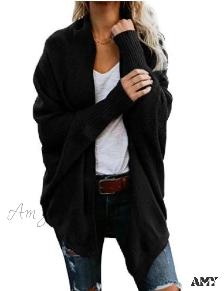 Amy Fashion - Long Knit Pocket Coat Female Casual Bat Sleeve Cardigan Black / S