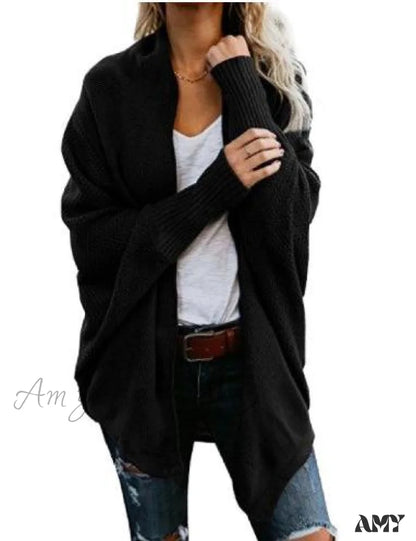 Amy Fashion - Long Knit Pocket Coat Female Casual Bat Sleeve Cardigan Black / S