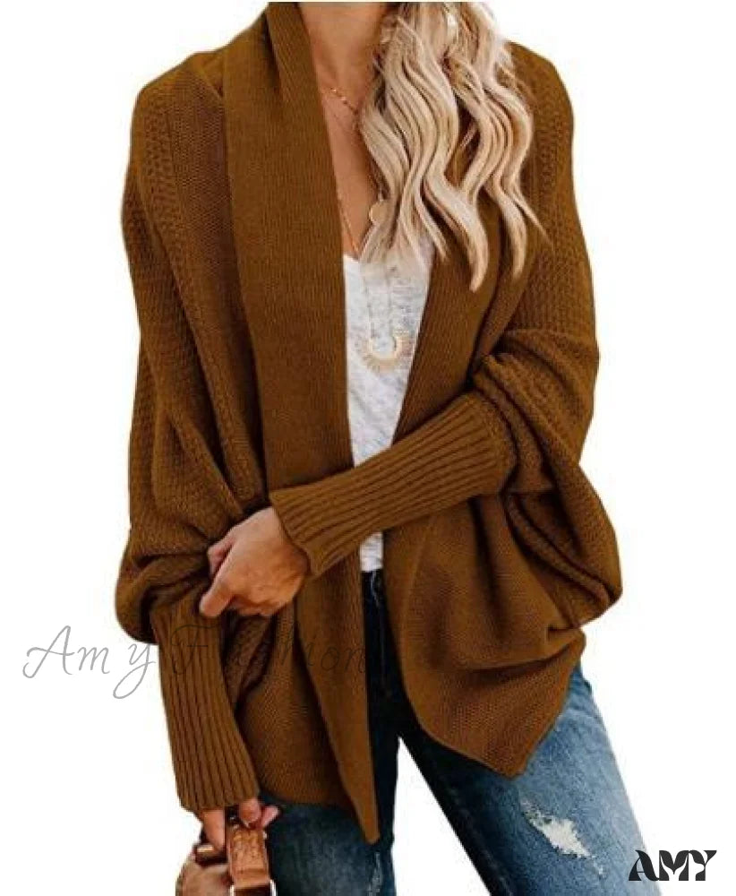 Amy Fashion - Long Knit Pocket Coat Female Casual Bat Sleeve Cardigan Dark Brown / S