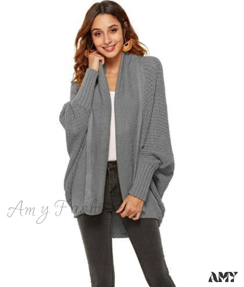 Amy Fashion - Long Knit Pocket Coat Female Casual Bat Sleeve Cardigan Dark Grey / S