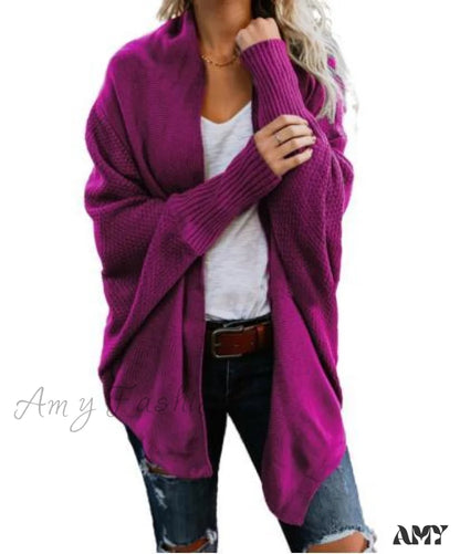 Amy Fashion - Long Knit Pocket Coat Female Casual Bat Sleeve Cardigan Fuchsia / S