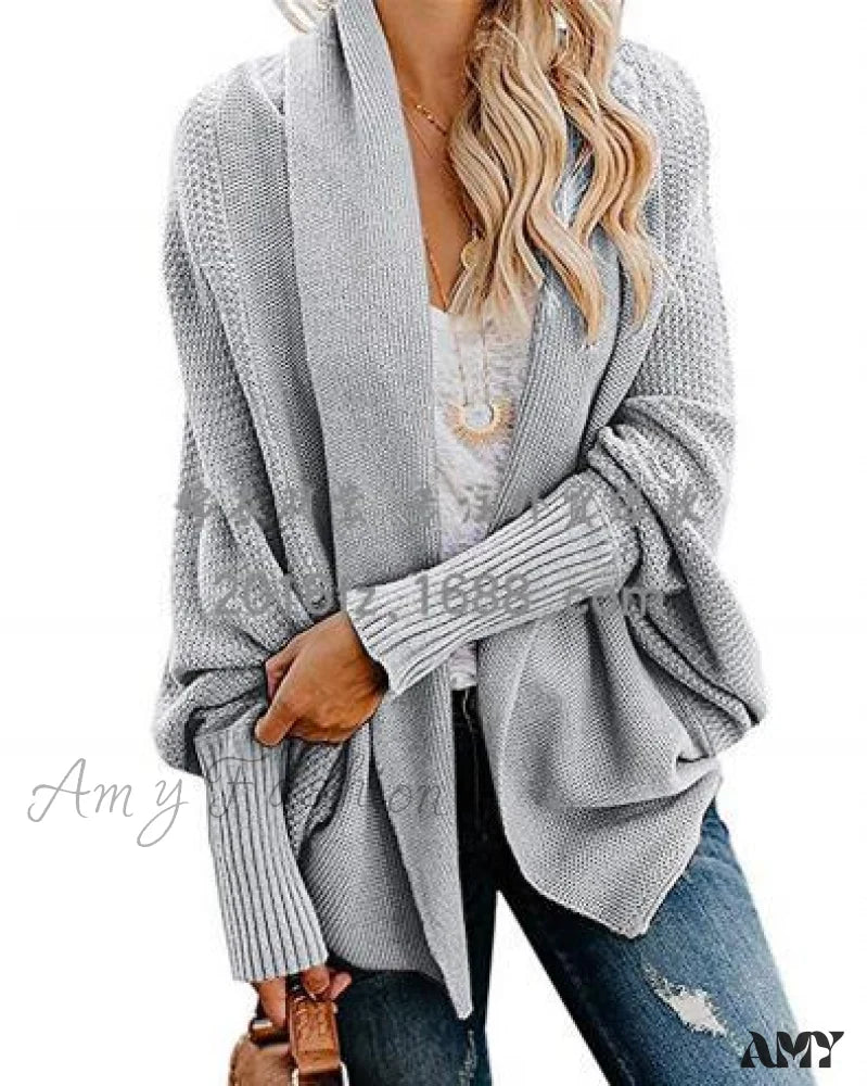 Amy Fashion - Long Knit Pocket Coat Female Casual Bat Sleeve Cardigan Gray / S