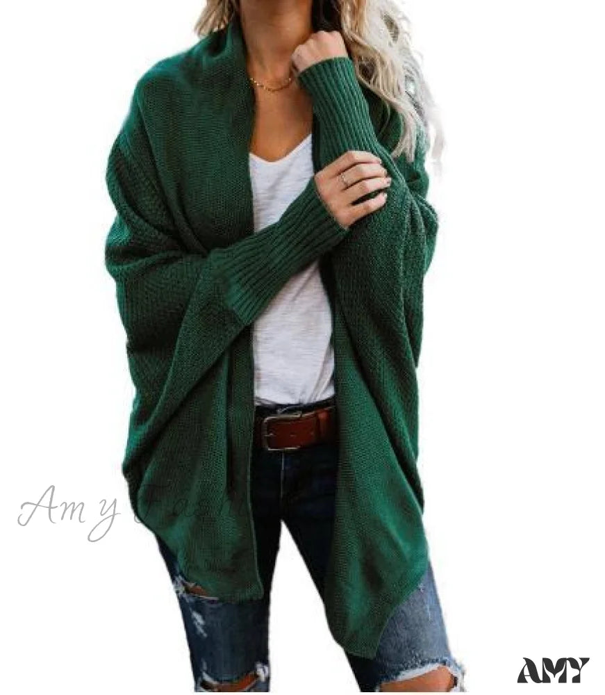 Amy Fashion - Long Knit Pocket Coat Female Casual Bat Sleeve Cardigan Green / S