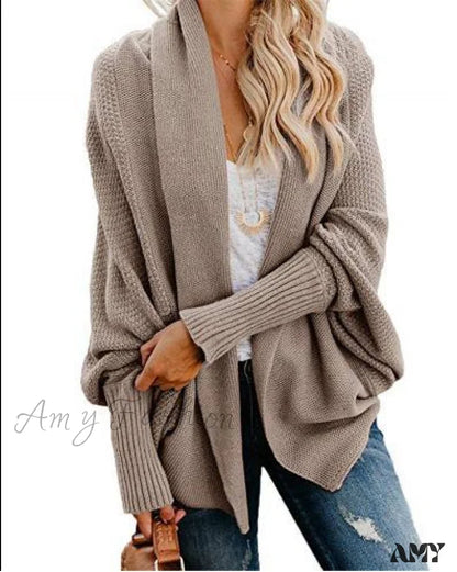 Amy Fashion - Long Knit Pocket Coat Female Casual Bat Sleeve Cardigan Khaki / S