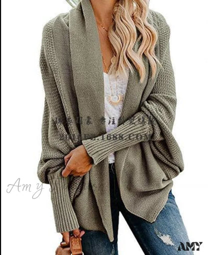 Amy Fashion - Long Knit Pocket Coat Female Casual Bat Sleeve Cardigan Light Green / S